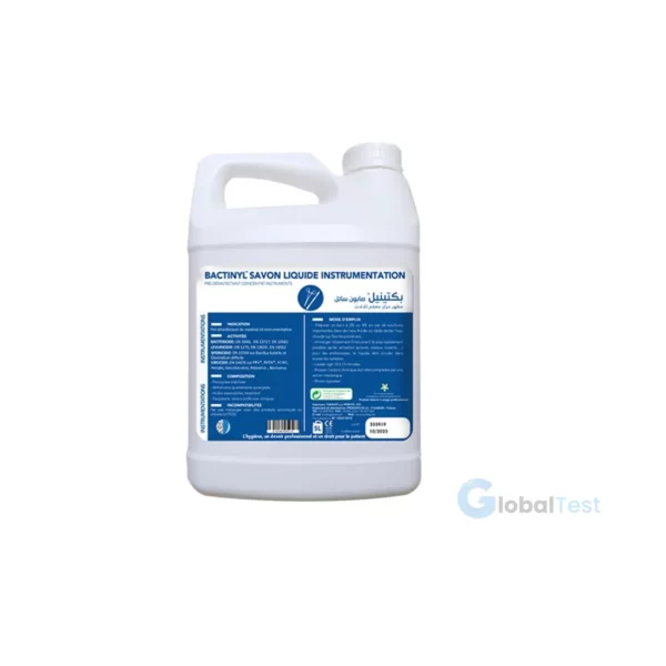 Bactinyl savon liquide instrumentation, nettoyant-désinfectant concentré pour pré-désinfection et nettoyage par trempage d'instruments médico-chirurgicaux et dentaires, efficace contre bactéries, levures, spores et virus (EN 13727, EN 13624, EN 13704, EN 14476), pH 9,8, sans risque de corrosion, disponible en bidon de 5 L.