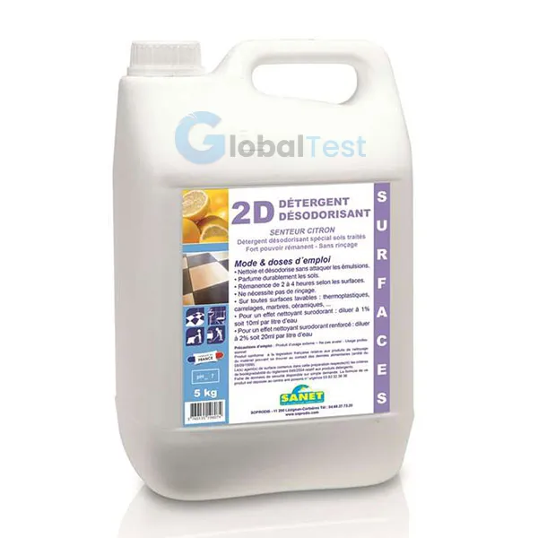 Détergent surodorant 2 D Citron, nettoyant concentré au parfum citron frais, mousse contrôlée, utilisation manuelle ou en autolaveuse, conforme contact alimentaire indirect, pH neutre, sans rinçage, idéal pour sols, murs, faïences, thermoplastiques, mobilier sanitaire et intérieurs de véhicules.
