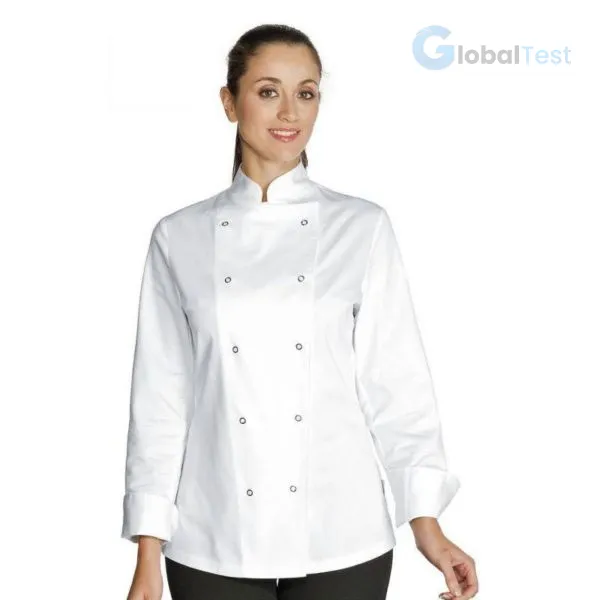 VESTE‑DE‑CUISINE‑FEMME veste professionnelle en coton 190 g/m², coupe féminine avec col mao, fermeture à pressions, disponible en blanc, tailles S à XL, idéale pour les professionnelles de la restauration.