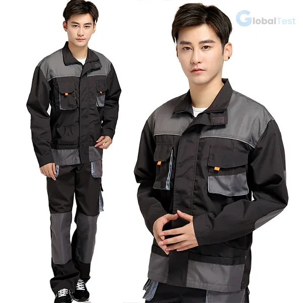 VESTE‑ET‑PANTALON ensemble professionnel en polyester haute performance, braguette fermée par grippers avec sous‑pont de sécurité, col chevalière, ceinture élastique, poches doublées, manches montées avec poignets réglables, disponible en bleu, tailles 36 à 60, idéal pour industrie, nettoyage et logistique.