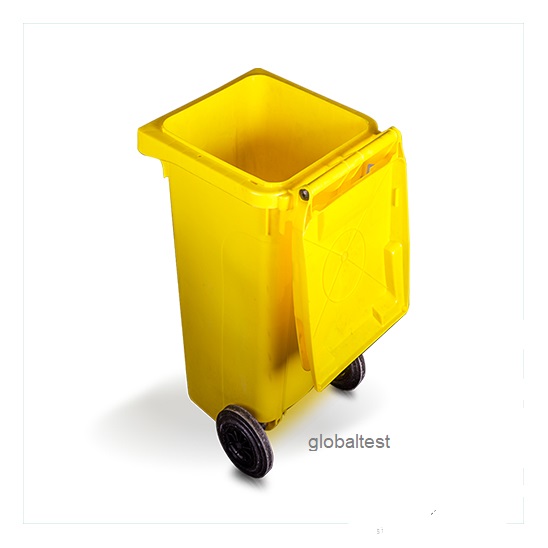Conteneur poubelle 240 l à pédale jaune. Équipé de 2 roues et d´une poignée