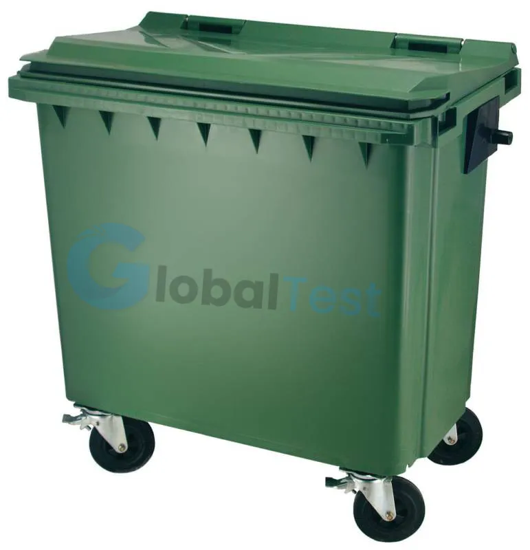 Conteneur à quatre roues 770L, fabriqué en plastique HDPE stabilisé anti-UV, certifié EN 840 et TÜV, avec quatre roues de 200 mm, dont deux avec frein, offrant une capacité de 770 litres pour la collecte et le transport des déchets, idéal pour les collectivités, établissements publics et industriels
