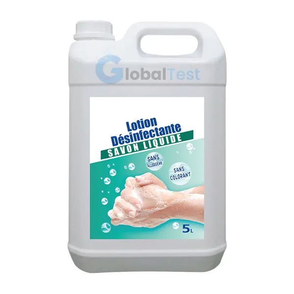 Savon liquide désinfectant 5L, moussant, non toxique et ininflammable, formulé avec de la glycérine, Lauryl Ether Sulfate et Comperlon KD, élimine efficacement bactéries et champignons sans dessécher la peau, pH neutre, idéal pour les environnements nécessitant une hygiène rigoureuse tels que hôpitaux, écoles, bureaux, hôtels et établissements alimentaires.