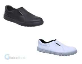 Chaussure de sécurité tige basse sans lacet ALLURE S2, tige en microfibre imperméable, doublure en cuir véritable, première orthopédique doublée en cuir, semelle bi-densité antidérapante, coloris noir ou blanc, idéale pour les environnements professionnels tels que la restauration, le médical, le nettoyage et l’industrie légère.