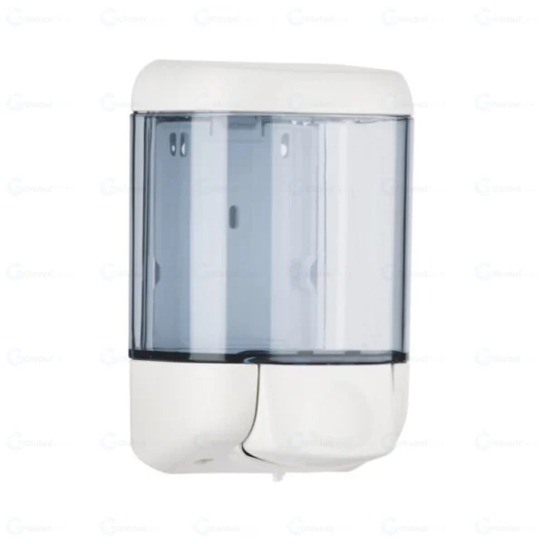 Distributeur de savon liquide mural en plastique ABS, capacité 500 ml, système manuel avec bouton poussoir, conçu pour une utilisation domestique ou professionnelle dans les cuisines, salles de bains ou sanitaires publics.