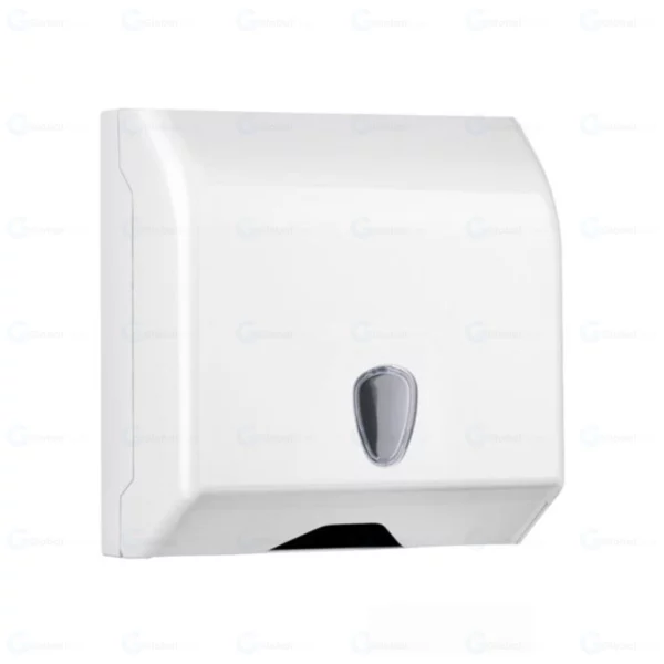 Distributeur mural blanc MULTIPAPER-Z pour essuie-mains pliés en C ou Z, capacité d'environ 450 feuilles, conçu pour les environnements professionnels tels que bureaux, écoles, restaurants et centres médicaux. Installation facile avec fixation par vis, fermeture sécurisée à clé, dimensions compactes (110 mm de profondeur, 270 mm de largeur), hauteur d'installation recommandée entre 130 et 140 cm.