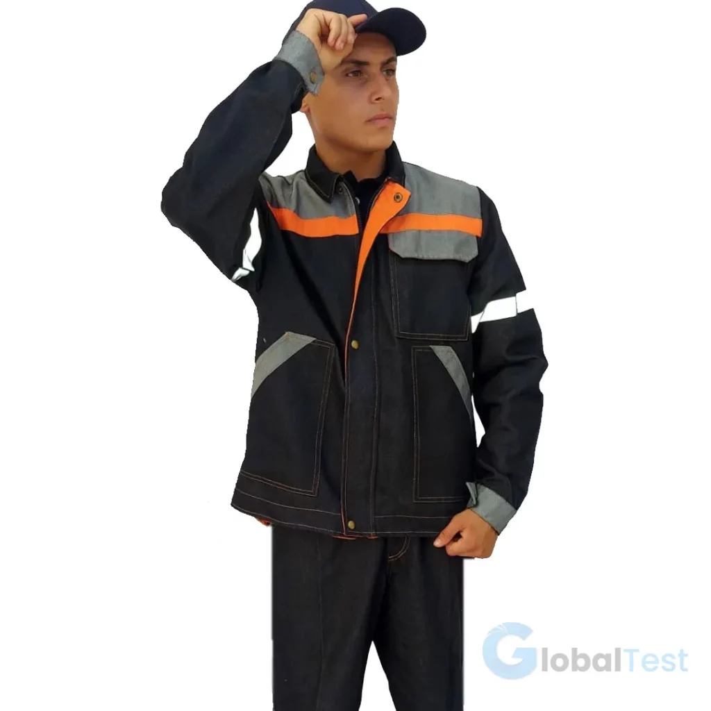 VESTE‑ET‑PANTALON‑DE‑TRAVAIL‑HOMME ensemble professionnel en polyester/coton, veste à col chemise et manches longues avec 3 poches, pantalon à braguette zippée et 2 poches, conçu pour les métiers techniques et industriels, disponible en tailles variées.