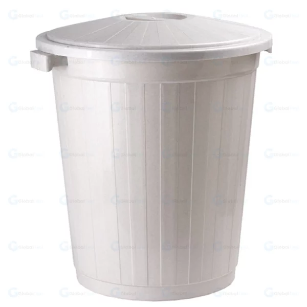Poubelle GM blanche 90L en plastique alimentaire, fabriquée en Tunisie, idéale pour une utilisation en extérieur, dans le garage ou dans des locaux professionnels, capacité de 90 litres, dimensions (l x H) : 56 x 70 cm, poids : 4 kg, matériau robuste et facile à nettoyer