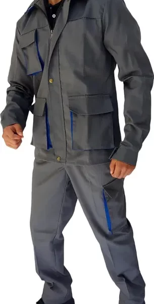 VESTE‑ET‑PANTALON‑HOMME ensemble professionnel en polyester/coton, coupe ergonomique, poches multiples, renforcements aux zones sensibles, disponible en bleu, taille 36 à 60, idéal pour artisans, BTP et maintenance industrielle.