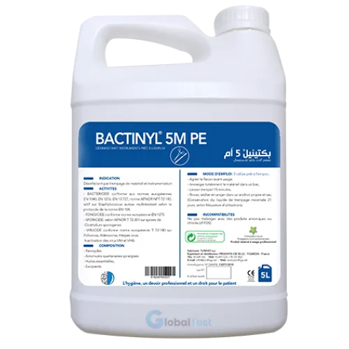 Désinfectant prêt à l’emploi Bactinyl 5MPE à base d’acide peracétique, élimine efficacement bactéries, virus, champignons et spores, idéal pour la désinfection de matériel thermosensible en milieu médical et dentaire, conforme aux normes européennes EN 13727, EN 14561, EN 14562, EN 1275, EN 14476 et AFNOR T 72-301, sans aldéhydes, sans rinçage nécessaire.