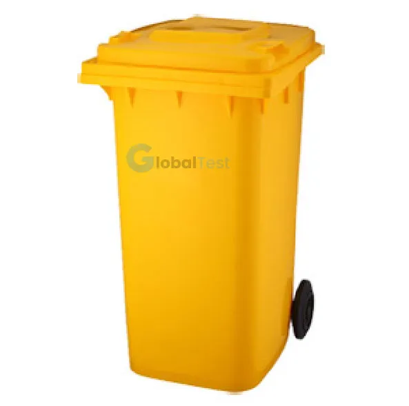 Conteneur à déchets roulant 120 L jaune en polyéthylène haute densité, deux roues, couvercle robuste, conforme norme EN 840, agrément TÜV