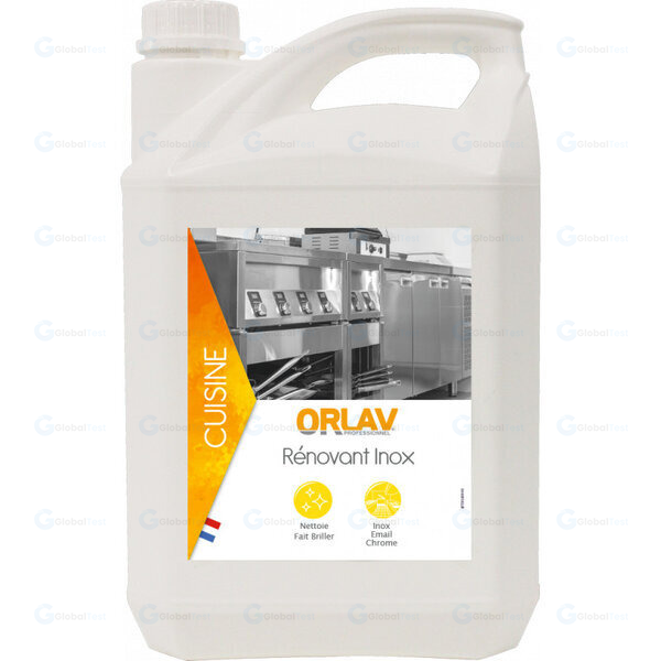 Bidon de 5L de Rénovant Inox ORLAV, nettoyant dégraissant professionnel pour surfaces en inox, émail et chrome, élimine le tartre et les traces sans laisser de résidus, convient aux environnements alimentaires avec rinçage, parfum citron léger