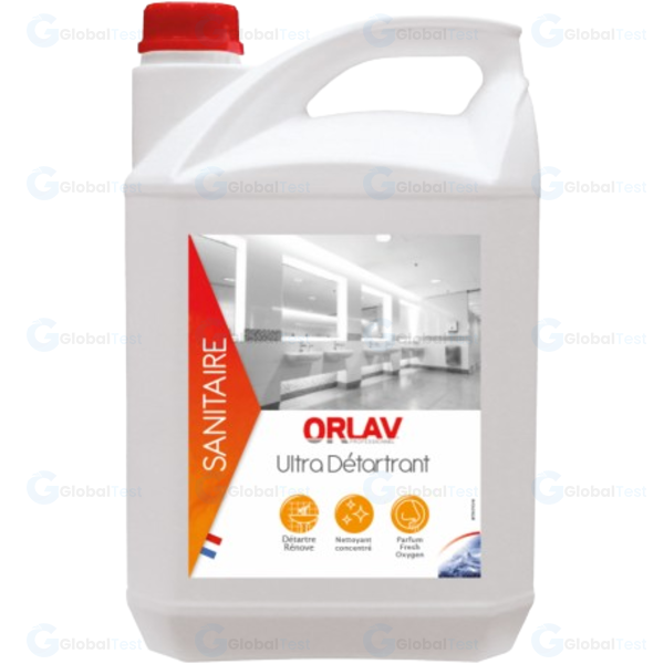 Bidon 5 L de détartrant Ultra Orlav, détergent acide puissant pour éliminer efficacement le calcaire sur surfaces sanitaires, douches collectives et cuisines professionnelles, sans laisser de traces après rinçage