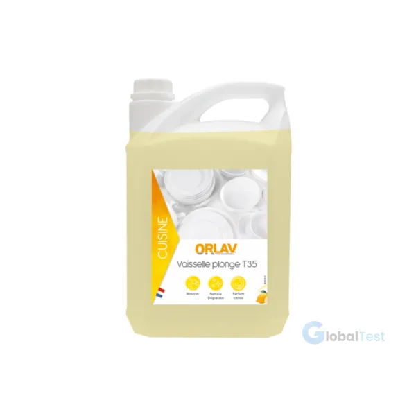 VAISSELLE PLONGE T35 ORLAV détergent liquide multi-usages parfum citron, concentré moussant et dégraissant, pH neutre et doux pour les mains, efficace sur vaisselle et surfaces lavables, disponible en formats 1 L, 5 L ou 20 L.