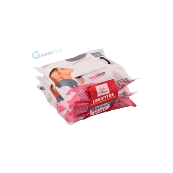 Lingettes démaquillantes lotion hydratante, élimine maquillage waterproof, sans rinçage, testées dermatologiquement, paquet refermable.