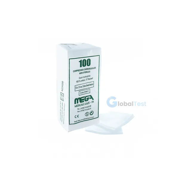 Compresse non stérile 7,5 x 7,5 cm en gaze hydrophile de coton pur, douce, résistante et bien aérée, idéale pour le nettoyage, la protection et l’absorption dans les soins courants. Utilisée pour les plaies mineures, l’application d’antiseptiques ou le séchage de la peau. Son pouvoir absorbant élevé retient efficacement les liquides tels que le sang ou les sécrétions. Convient pour une utilisation à domicile, dans les écoles ou en milieu paramédical.