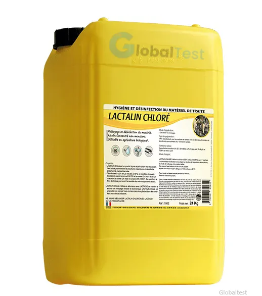 EKOCHLOR 25 kg désinfectant alcalin chloré non moussant, liquide limpide jaune à pH 12,25, contenant 5 % de chlore actif, pour le nettoyage et la désinfection des équipements de traite, homologué par le ministère de l’Agriculture sous le numéro 9500630, efficace contre Pseudomonas aeruginosa, Escherichia coli, Staphylococcus aureus et Enterococcus hirae, recommandé pour une utilisation à 0,5 % à chaud (40–60 °C).