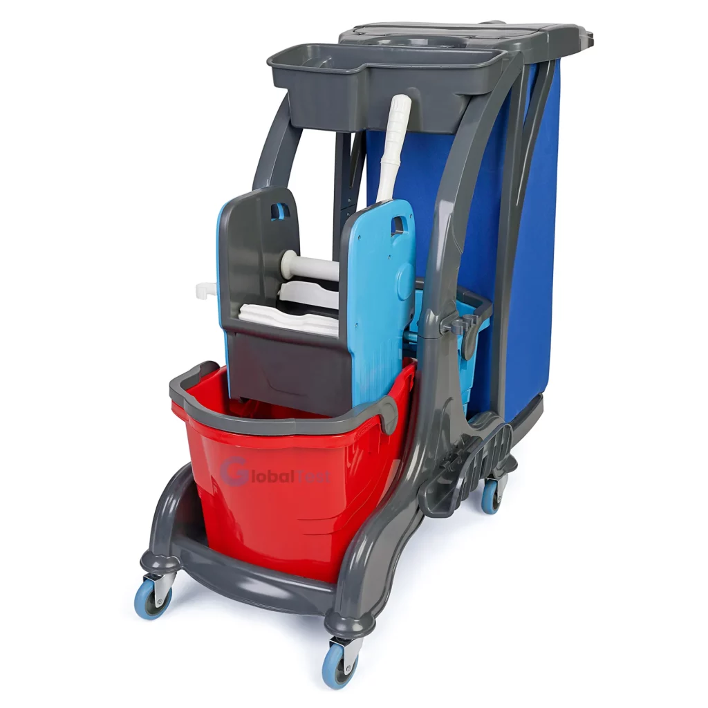 Chariot de nettoyage HTK718 – équipement professionnel avec double compartiment de 25L, presse à frange renforcée, roulettes pivotantes, conception ergonomique et robuste, idéal pour le nettoyage intensif dans les environnements exigeants tels que hôpitaux, hôtels et bureaux