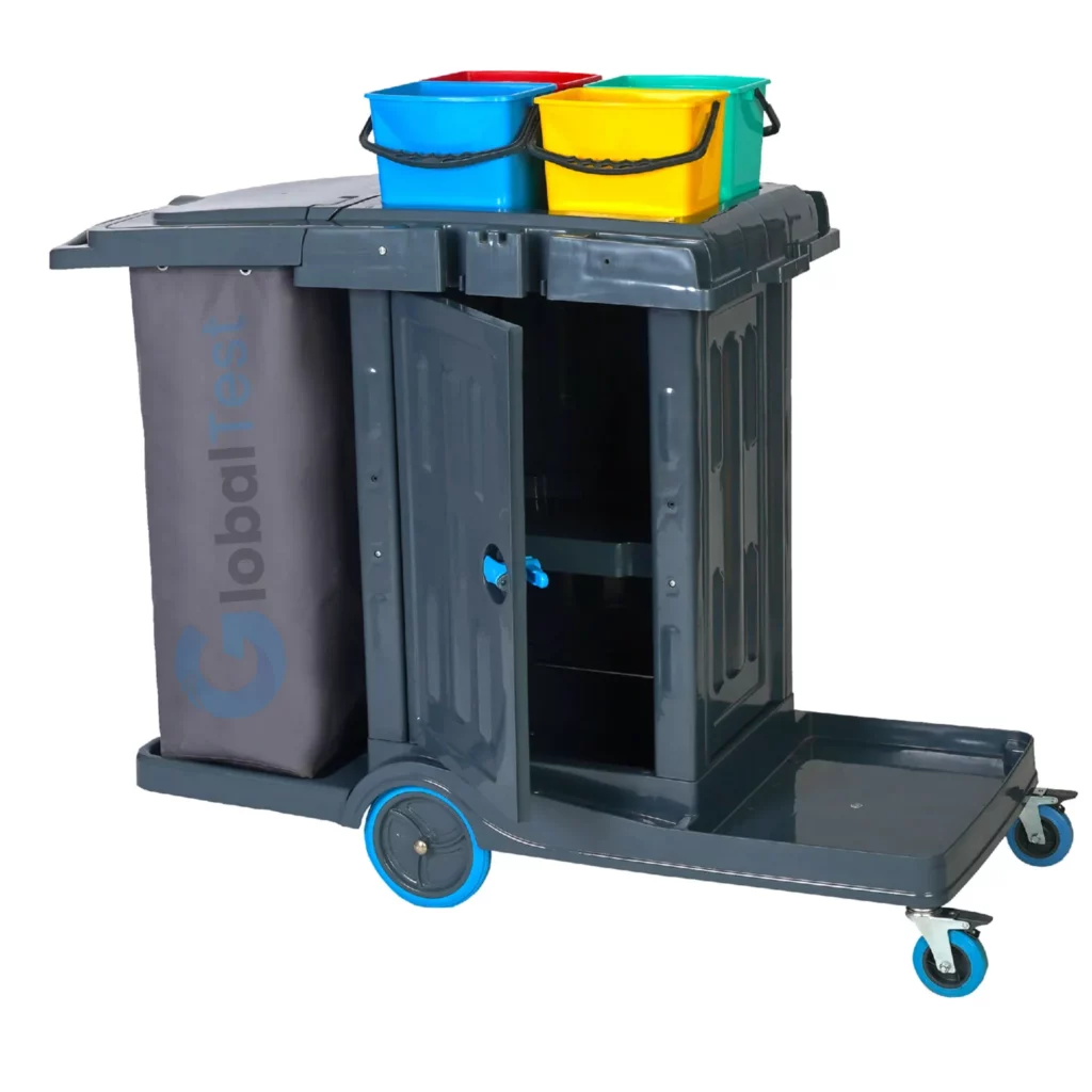 Chariot de plancher armoire HBD931 – équipement professionnel de nettoyage avec armoire verrouillable, étagères modulables, supports extérieurs pour balais et vadrouilles, roues pivotantes silencieuses, idéal pour hôtels, hôpitaux et bureaux