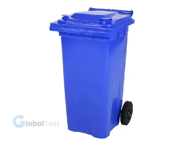Conteneur à déchets roulant 120 L bleu en polyéthylène haute densité, deux roues, couvercle robuste, conforme norme EN 840, agrément TÜV