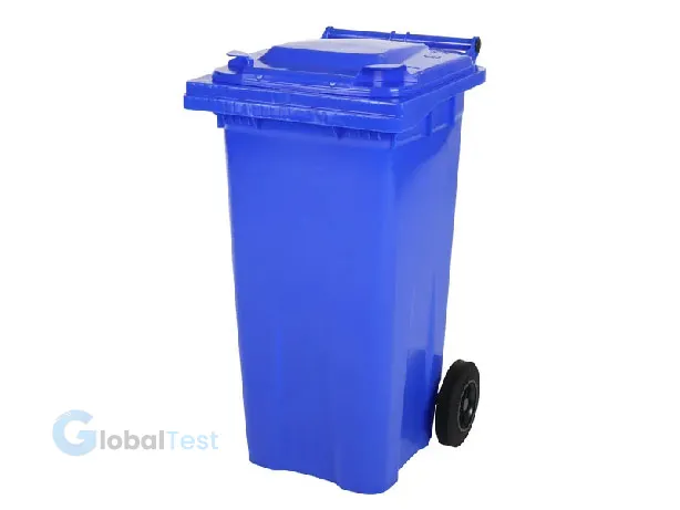 Conteneur à déchets roulant 120 L bleu en polyéthylène haute densité, deux roues, couvercle robuste, conforme norme EN 840, agrément TÜV