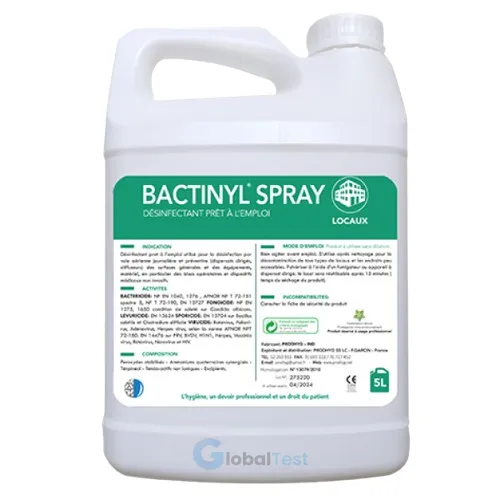 Désinfectant prêt à l’emploi Bactinyl Spray 5L, à base d’acide peracétique, élimine efficacement bactéries, virus et champignons, idéal pour les environnements médicaux et dentaires, ne nécessite pas de dilution, assure une désinfection rapide et fiable des surfaces sensibles.