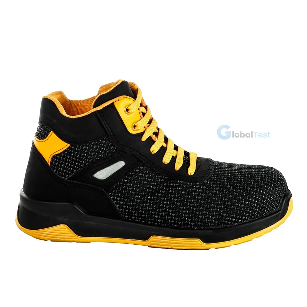 Chaussures de sécurité SPARK/H Jaune S3 – modèle haut conforme à la norme EN ISO 20345:2011 (classe S3), tige en microfibre hydrofuge jaune, doublure en tissu respirant, embout en acier inoxydable offrant une protection jusqu’à 200 joules, semelle en PU mono-densité antidérapante, résistante aux hydrocarbures et perforations, première de propreté amovible et antibactérienne