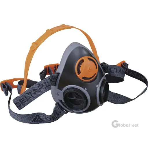 Demi-masque respiratoire M6400 Jupiter Delta Plus bi-filtre, corps en polypropylène rigide avec surmoulage en TPE souple, lanières élastiques ajustables, connexion cartouches à baïonnette (série M6000, vendues séparément), ventilation libre, disponible en tailles S/M et M/L, coloris noir-gris, conforme à la norme EN 140:1998 — offre confort, étanchéité et protection contre particules, gaz et agents chimiques.