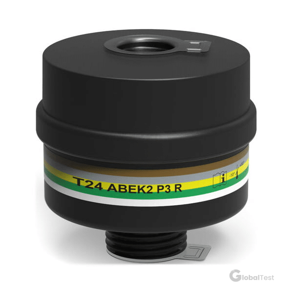 Filtre combiné réutilisable T24 ABEK2 P3 R — protection complète contre gaz/vapeurs organiques (> 65 °C), inorganiques, acides, ammoniac (ABEK2) et efficacité maximale P3 (99,95 % des particules), connexion filetage standard 40 mm (EN 148-1), boîtier robustes en ABS, conforme EN 14387 et EN 143, durée de vie 5 ans, compatible masques complets industriels — idéal pour environnements chimiques et industriels.