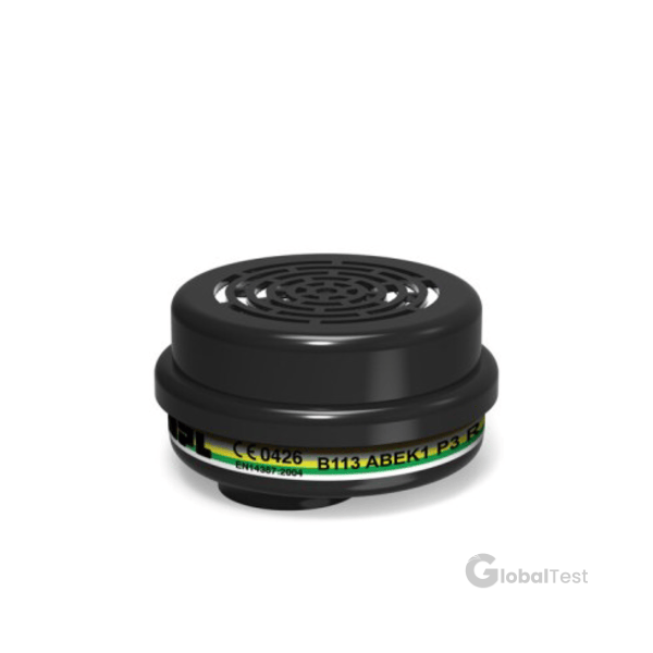 Filtre à gaz combiné B-113-ABEK1 P3 R Series B MPL, protection ABEK1 contre les vapeurs organiques, inorganiques, acides, ammoniaque, plus filtration P3 (99,99 %) des particules fines, connexion à baïonnette MPL, boîtier en ABS robuste, conforme aux normes EN 14387:2004+A1:2008 & EN 143:2000/A1:2006, efficacité élevée, léger et durable.
