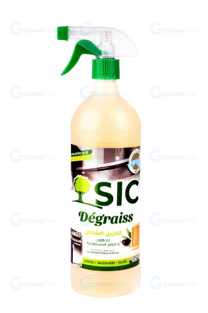 Flacon 950 ml de dégraissant SIC à base de savon d’huile d’olive, élimine efficacement graisses et salissures sur plaques, hottes, fours et grilles, convient aux cuisines professionnelles et domestiques.