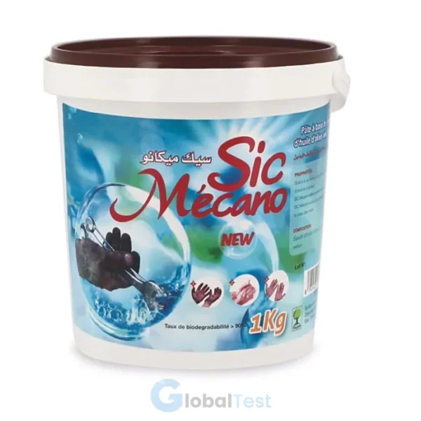 SIC MÉCANO savon pâte abrasif à base d’huile d’olive, nettoie efficacement les mains très grasses (mécanique, peinture, maintenance industrielle), doux pour la peau, biodégradable, sans obstruction des canalisations, disponible en 1 kg ou 4 kg.