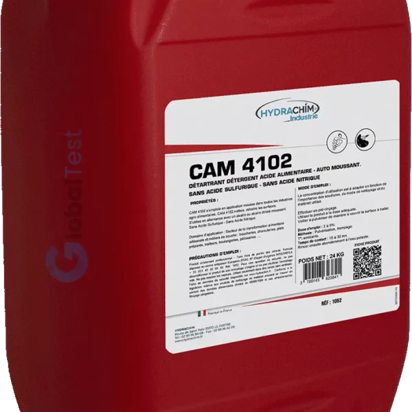 Détartrant détergent acide alimentaire auto-moussant CAM 4102, liquide incolore à pH < 2,5, sans acide sulfurique ni nitrique, destiné au nettoyage et au détartrage des surfaces dans l'industrie agroalimentaire, utilisable en application mousse ou pulvérisation, conforme au règlement (UE) 2018/848 pour l'agriculture biologique, recommandé pour les boucheries, charcuteries, traiteurs, boulangeries et pâtisseries.