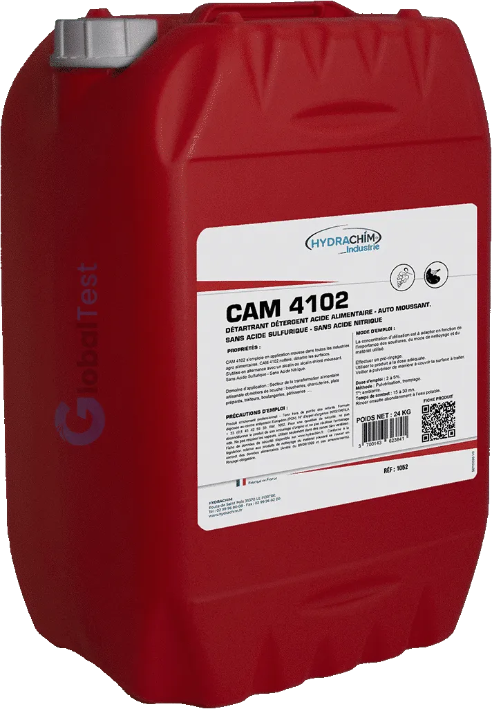 Détartrant détergent acide alimentaire auto-moussant CAM 4102, liquide incolore à pH < 2,5, sans acide sulfurique ni nitrique, destiné au nettoyage et au détartrage des surfaces dans l'industrie agroalimentaire, utilisable en application mousse ou pulvérisation, conforme au règlement (UE) 2018/848 pour l'agriculture biologique, recommandé pour les boucheries, charcuteries, traiteurs, boulangeries et pâtisseries.